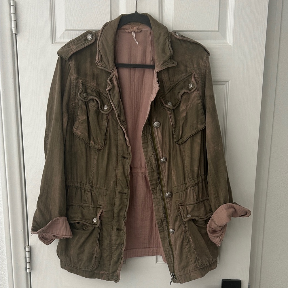 Free People Olive Military Jacket with Pink Lining